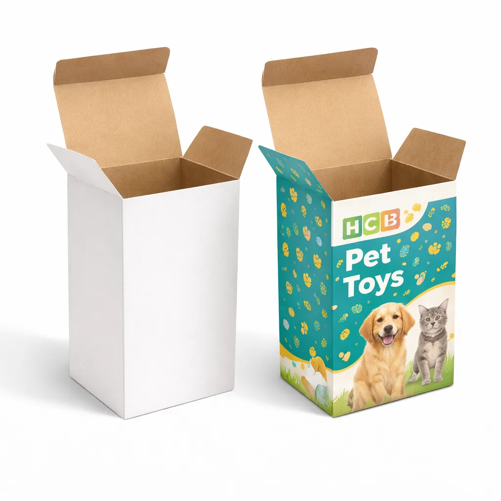 Two open corrugated mailer boxes, one plain white and one featuring vibrant pet-themed illustrations and logo. class=